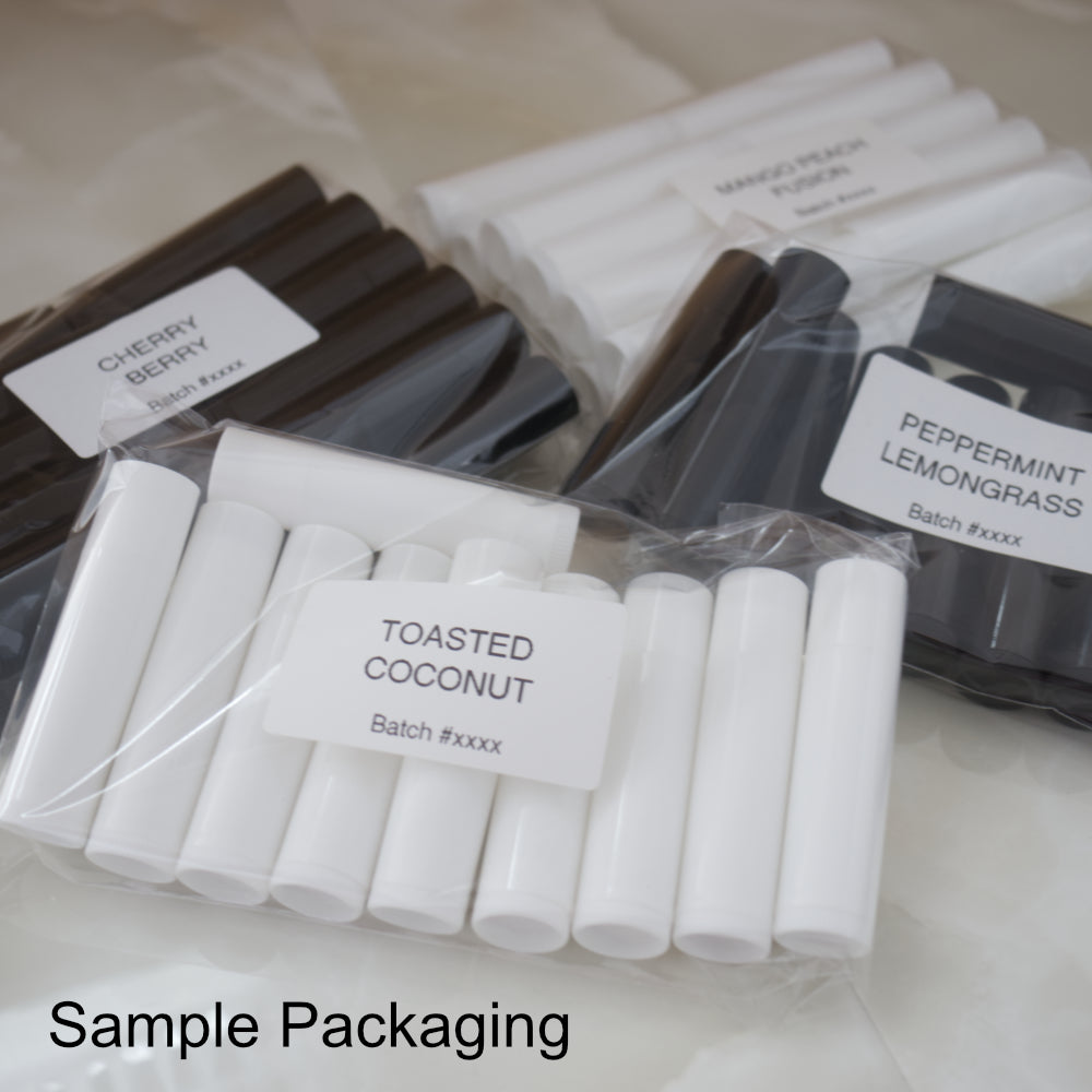 Packaged samples of different flavoured lip balms. Each pack contains either white or black tubes and presented in a clear bag.