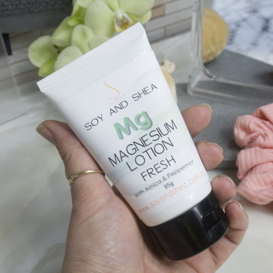 A hand holds a white tube of Magnesium Lotion with a black flip-top cap against a blurred background of a bathroom countertop.