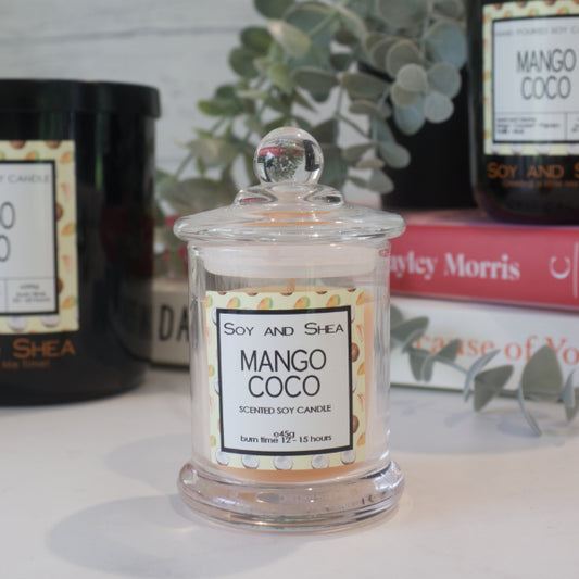 A small, clear glass candle jar with orange wax sits in the foreground with a label reading MANGO COCO. Behind is a stack of books with a black candle resting on top with another large one to the left.