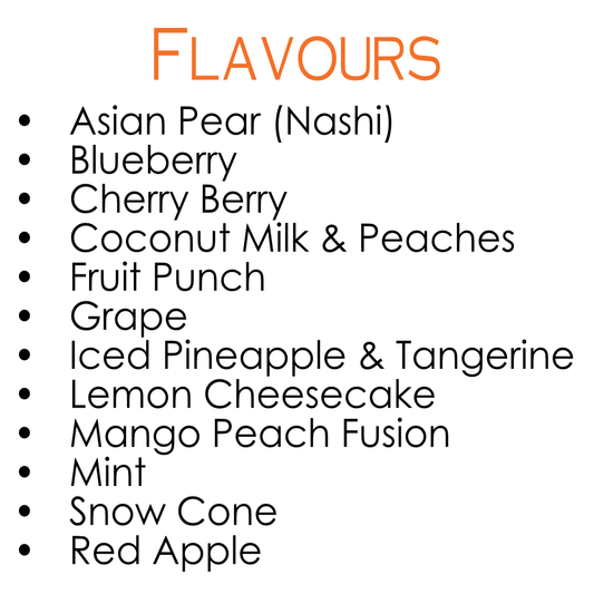 List of flavors on a white background with 'Flavours' at the top.