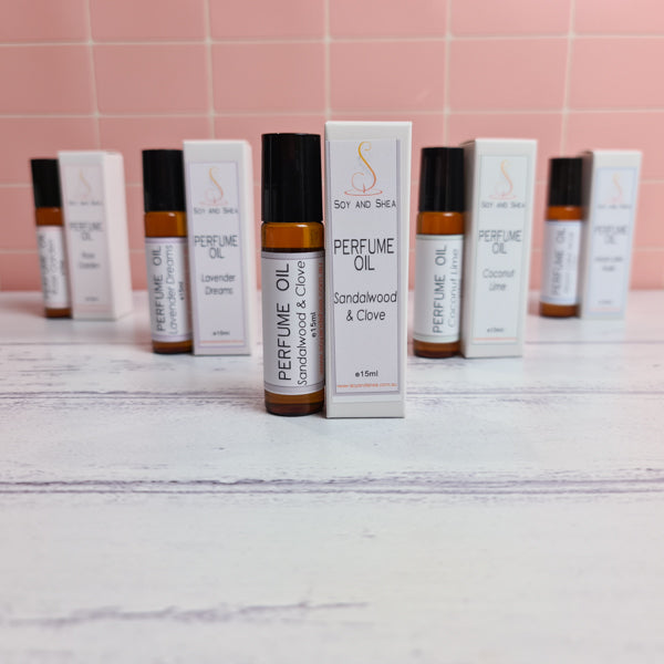 Perfume Oils in Glass bottle packaged in box. Available in five scents