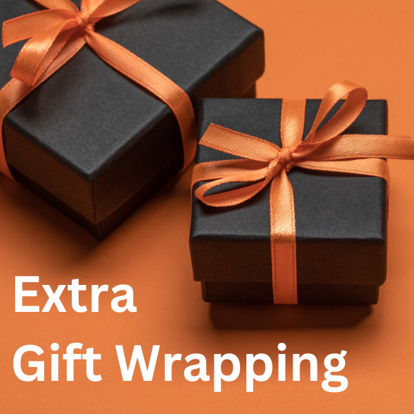 Two black gift boxes with shiny orange ribbons rest on an orange background. The text reads "Additional Gift Wrapping".