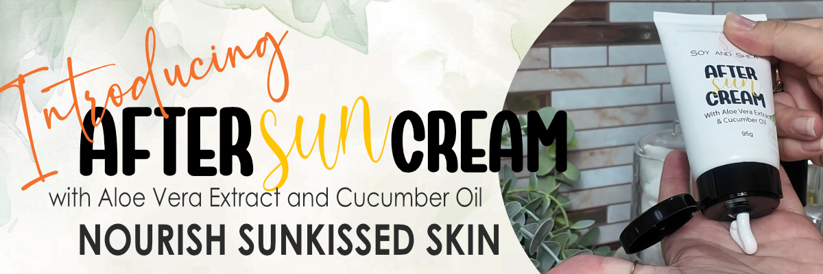 A promotional banner with a white and green background with text reading Introducing After Sun Cream.  To the right of the banner is a photo of a hand holding a white tub with an open black flip top cap, squeezing cream into the palm of another hand.  The tube is listed as After Sun Cream