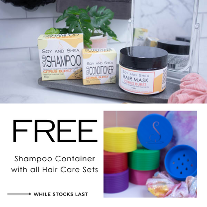 A promotional cover photo that reads FREE SHAMPOO CONTAINER WITH ALL HAIR CARE SETS  against a white background along with two photos.  One shows a collection of colourful shampoo containers while the other shows a box of sollid shampoo and a solid conditioner plus a jar of Hair Mask all labelled as CITRUS BURST.