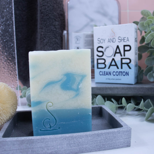 A tall rectangular bar of soap sits on a grey soap dish. The base of the soap features two layers of pale blue soap, one darker than the other and the top of the soap is white with whisps of the blue swirled through.  Behind the soap is a shower screen and towel along with a box the soap was presented in. The box has a white top with pale purple bubble border.