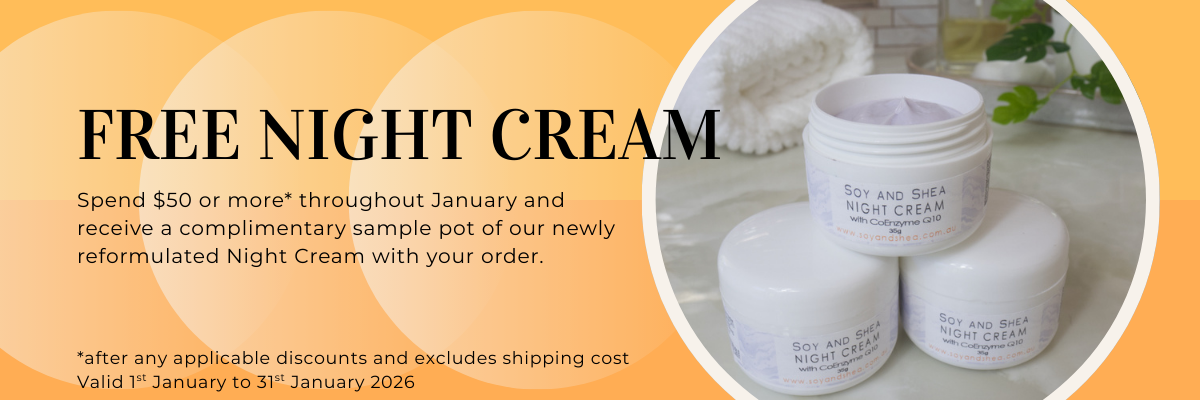 Three jars of night cream stacked in pyramid formation with promotional text for a free sample offer on an orange background.