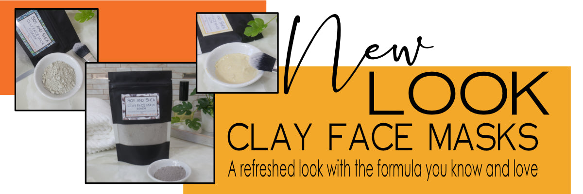 Advertisement for new look clay face masks with product images and text on a white background.