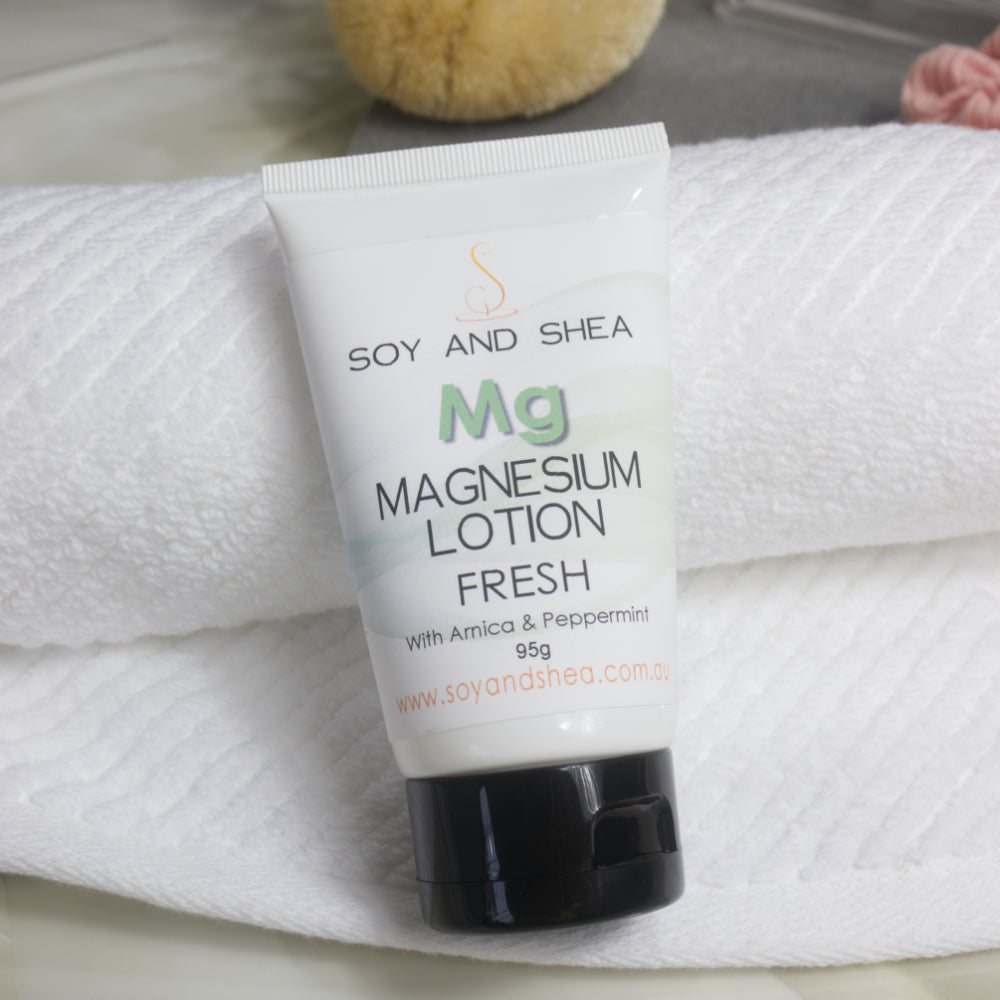 A white tube with black lid of Soy and Shea Magnesium Lotion Fresh  rests against a rolled up white towel with a bath sponge in the background.