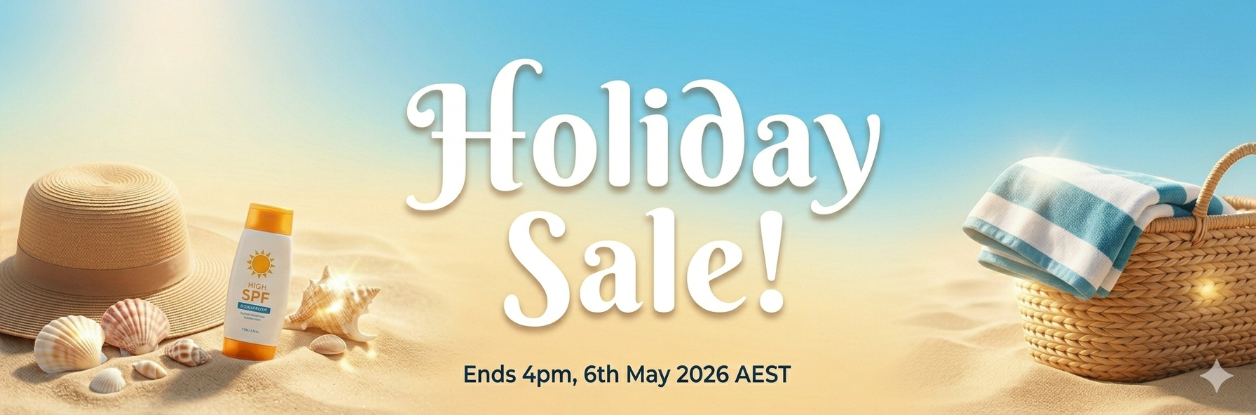 A banner promoting a holiday sale.  The image includes the scent beach with a sunhat, sunscreen and picnic basket