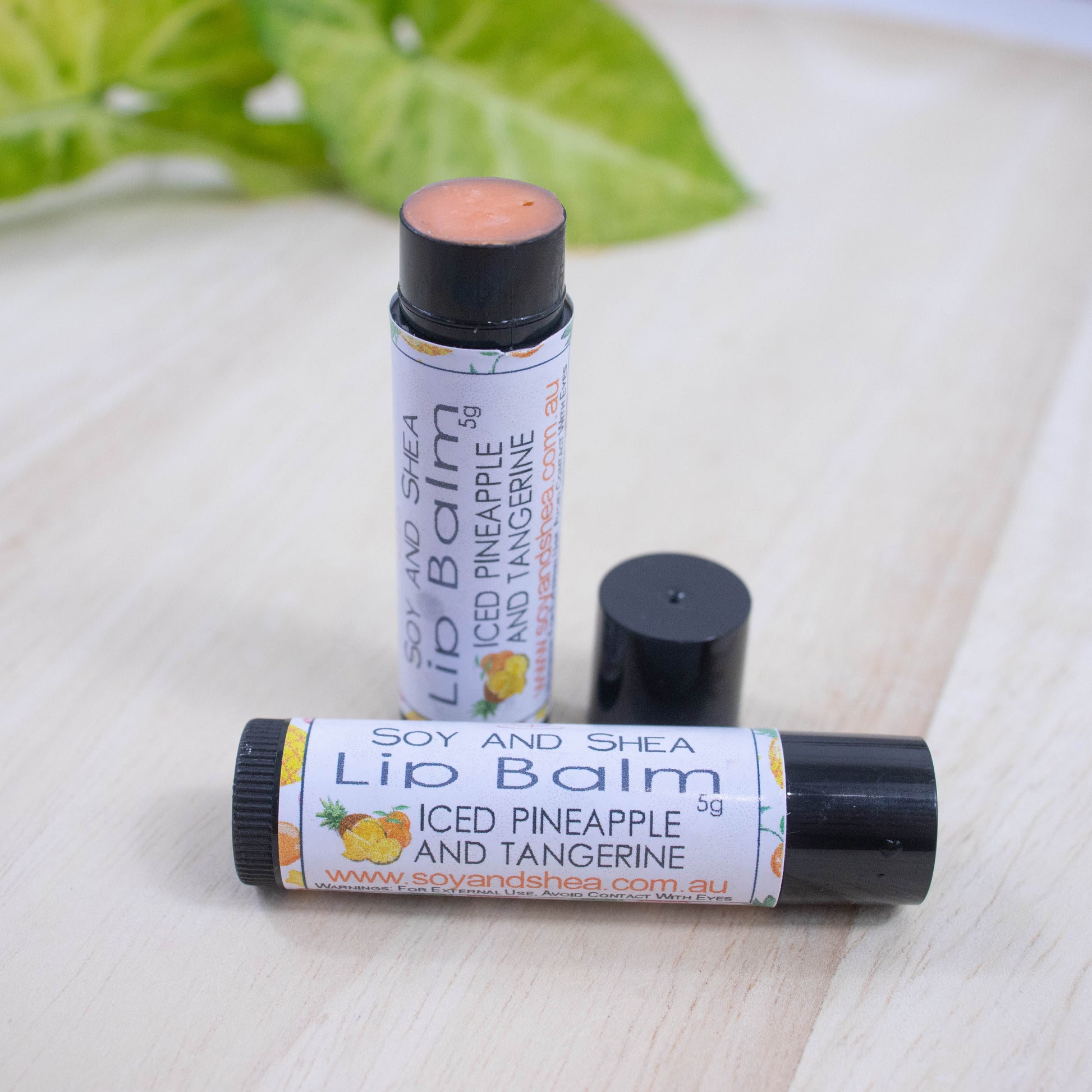 Two black tubes of lip balm displayed on a wooden surface with greenery blurred in the background.  One tube lies flat across the surface displaying the flavour while the other tube stands upright behind it with the cap removed and placed to the side revealing an orange balm.