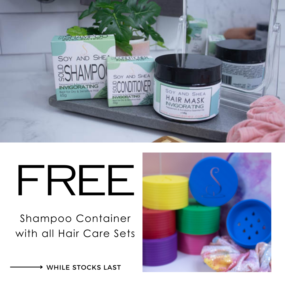 A promotional cover photo that reads FREE SHAMPOO CONTAINER WITH ALL HAIR CARE SETS  against a white background along with two photos.  One shows a collection of colourful shampoo containers while the other shows a box of sollid shampoo and a solid conditioner plus a jar of Hair Mask all labelled as INVIGORATING.