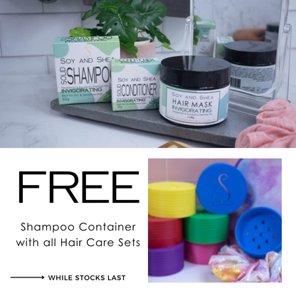 A promotional cover photo that reads FREE SHAMPOO CONTAINER WITH ALL HAIR CARE SETS  against a white background along with two photos.  One shows a collection of colourful shampoo containers while the other shows a box of sollid shampoo and a solid conditioner plus a jar of Hair Mask all labelled as INVIGORATING.