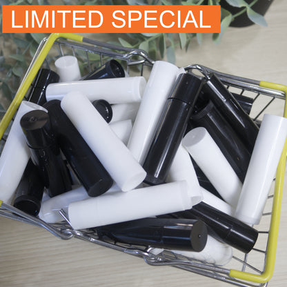 Small shopping cart filled with black and white lip balm tubes without labels