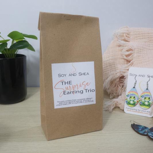 A brown paper bag stands on a bench labelled as The Surprise Earring trio.  It is surrounded by a pink blanket which has some sample earrings resting on it as well as a black potplat with green leaves.