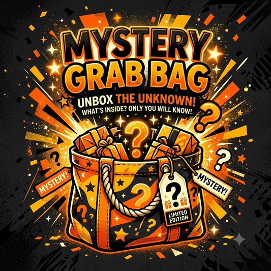Mystery grab bag promotional graphic with glowing text and design elements on a dark background. In the center is a brightly coloured bag filled will wrapped items