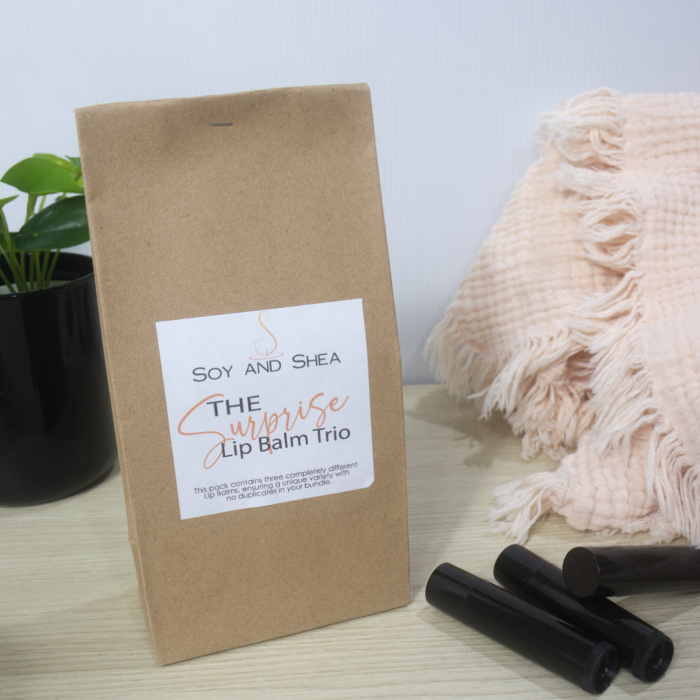 A brown paper bag stands on a bench labelled as The Surprise Lip Balm trio.  Behind to the left is a black pot with greenery and to the right is the edge of a pink blanket and some unlabelled black lip balm tubes