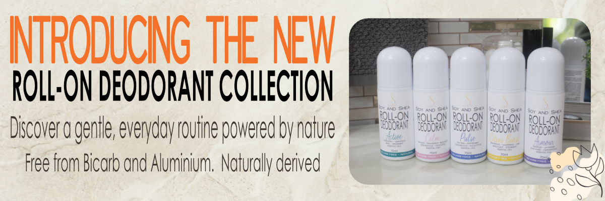 A promotional banner announcing the arrival od new Roll-on Deodorant collection. To the right of the banner is an image showing the collection of five roll-on deodorants in white bottles with domed caps.