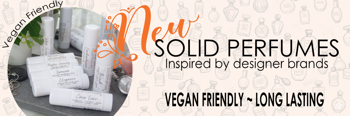 Advertisement for solid perfumes inspired by designer brands, highlighting vegan friendliness and long-lasting properties.