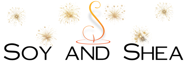 Logo of Soy and Shea with decorative elements on a white background