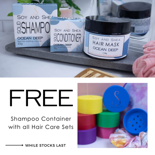 A promotional cover photo that reads FREE SHAMPOO CONTAINER WITH ALL HAIR CARE SETS  against a white background along with two photos.  One shows a collection of colourful shampoo containers while the other shows a box of sollid shampoo and a solid conditioner plus a jar of Hair Mask all labelled as OCEAN DEEP