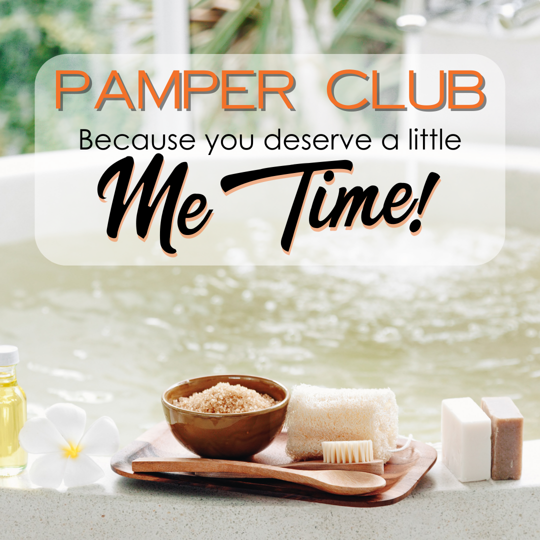 An advertisement for Pamper Club with the text 'Because you deserve a little Me Time!' showcasing a relaxing spa setup with a bowl of salts, a candle, and a brush.