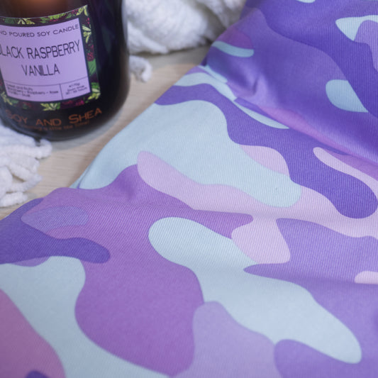 A close up image of a purple camo design on a heat pack