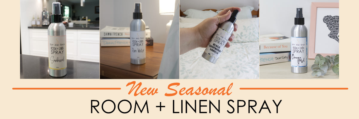 Advertisement for New Seasonal Room Sprays showing a variety of bottles