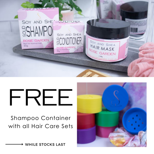 A promotional cover photo that reads FREE SHAMPOO CONTAINER WITH ALL HAIR CARE SETS  against a white background along with two photos.  One shows a collection of colourful shampoo containers while the other shows a box of sollid shampoo and a solid conditioner plus a jar of Hair Mask all labelled as ROSE GARDEN