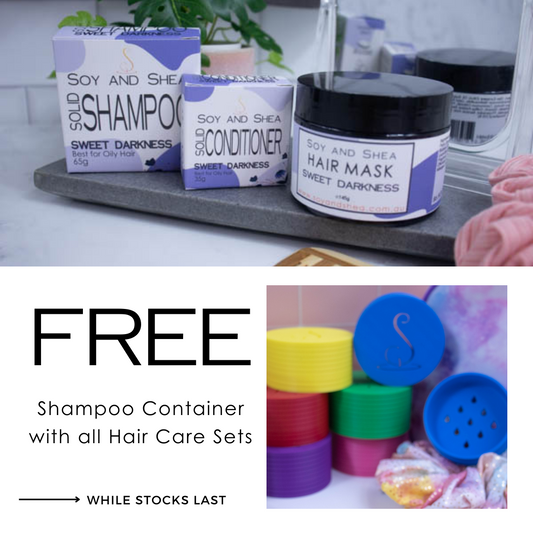 A promotional cover photo that reads FREE SHAMPOO CONTAINER WITH ALL HAIR CARE SETS  against a white background along with two photos.  One shows a collection of colourful shampoo containers while the other shows a box of sollid shampoo and a solid conditioner plus a jar of Hair Mask all labelled as SWEET DARKNESS.