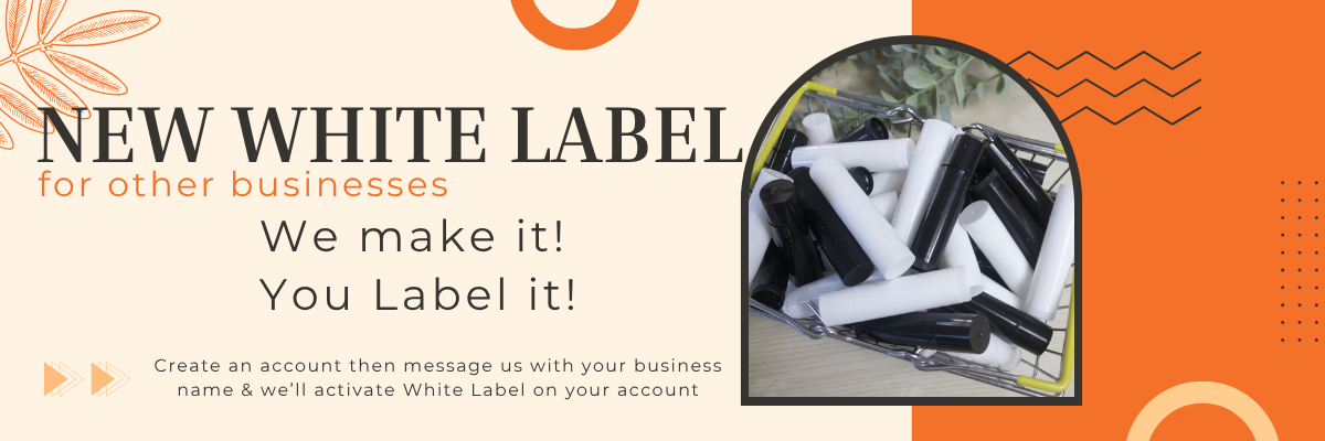 Advertisement for white label services with text and product image on an orange and beige background.  