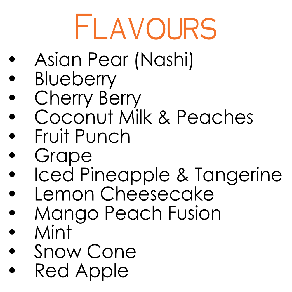 List of flavors on a white background with 'Flavours' at the top.