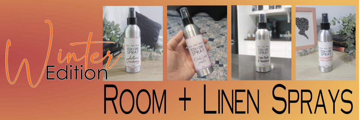 Promotional banner for winter edition room and linen sprays with product images and text.